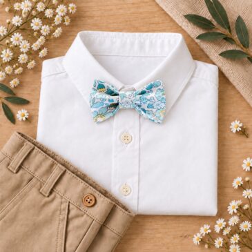noeud papillon enfant mariage baptême, anniversaire, communion en liberty betsy mint and lemon, bleu turquoise