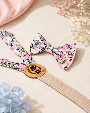Noeud papillon et bretelles pour homme Liberty gabriella gisou brun et rose mariage, made in France, fabriqué en Occitanie