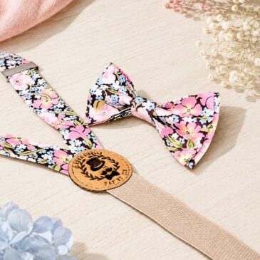 Noeud papillon et bretelles pour homme Liberty gabriella gisou brun et rose mariage, made in France, fabriqué en Occitanie