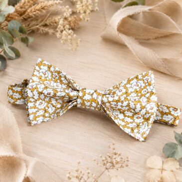 Noeud papillon pour homme Liberty feather meadow jaune moutarde, mariage, made in France, fabriqué en Occitanie