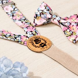 Noeud papillon et bretelles pour homme Liberty gabriella gisou brun et rose mariage, made in France, fabriqué en Occitanie