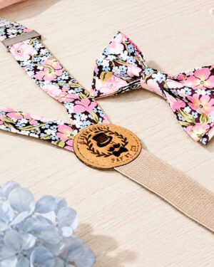 Noeud papillon et bretelles pour homme Liberty gabriella gisou brun et rose mariage, made in France, fabriqué en Occitanie