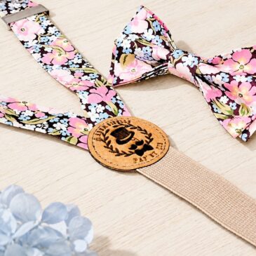 Noeud papillon et bretelles pour homme Liberty gabriella gisou brun et rose mariage, made in France, fabriqué en Occitanie