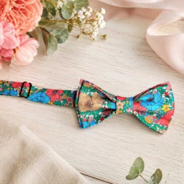 Noeud papillon et bretelles pour homme Liberty meadow song, bleu, vert et orange, mariage, made in France, fabriqué en Occitanie