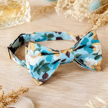 Noeud papillon et bretelles pour homme Liberty nysa bleu antique mariage, made in France, fabriqué en Occitanie