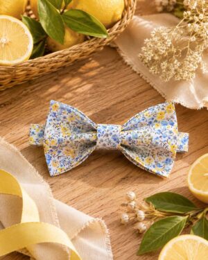 Noeud papillon pour homme Liberty phoebe chebika, jaune citron et bleu mariage, made in France, fabriqué en Occitanie