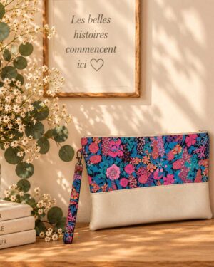 pochette à main mariée, demoiselle d'honneur, invité mariage Liberty ciara petrole, mariage, made in France, fabriqué en Occitanie