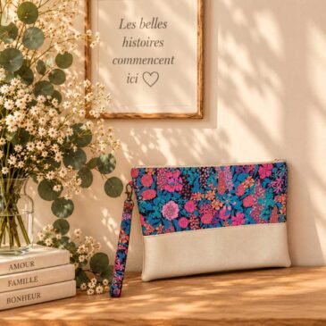 pochette à main mariée, demoiselle d'honneur, invité mariage Liberty ciara petrole, mariage, made in France, fabriqué en Occitanie