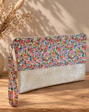 pochette à main mariée, demoiselle d'honneur, invité mariage Liberty nectar tutti frutti orange vert rose mariage, made in France, fabriqué en Occitanie