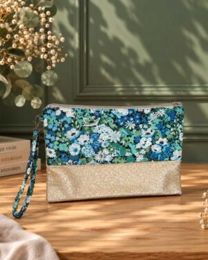 pochette à main mariée, demoiselle d'honneur, invité mariage Liberty thorpe vert paillettes, mariage, made in France, fabriqué en Occitanie
