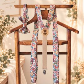 Noeud papillon et bretelles pour homme Liberty sweet may rouille, brun terracotta et bleu, mariage, made in France, fabriqué en Occitanie