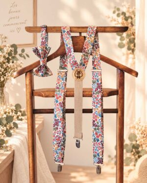 Noeud papillon et bretelles pour homme Liberty sweet may rouille, brun terracotta et bleu, mariage, made in France, fabriqué en Occitanie
