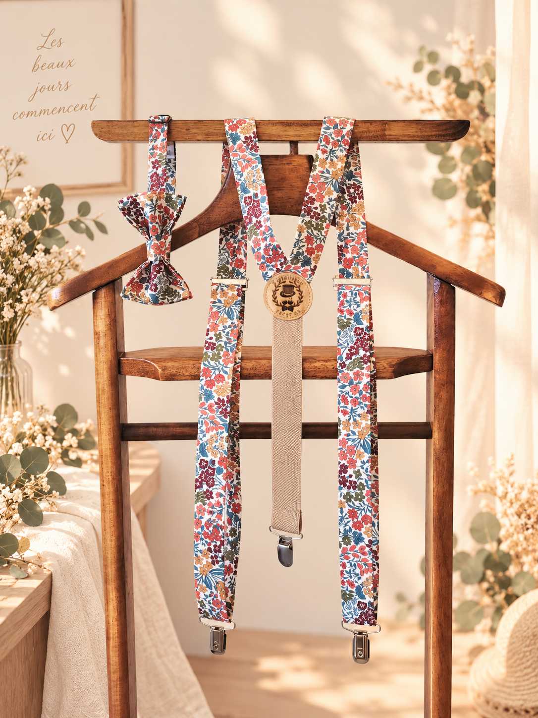 Noeud papillon et bretelles pour homme Liberty sweet may rouille, brun terracotta et bleu, mariage, made in France, fabriqué en Occitanie
