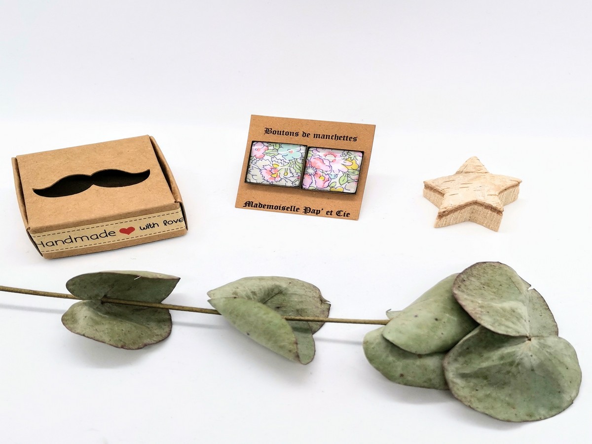 Mademoiselle Pap’ et Cie Mariage Made in France accessoire homme boutons de manchettes Liberty Amelie rose carré cuivre