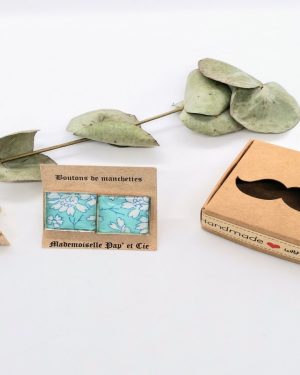 Boutons de manchettes carrés argent en Liberty Capel turquoise