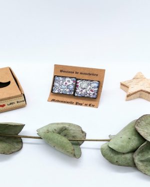 Boutons de manchettes carrés cuivre en Liberty Eloise bleu