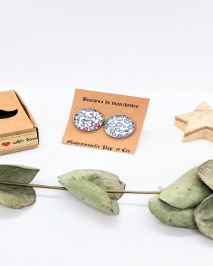 Boutons de manchettes ronds argent en Liberty Eloise bleu