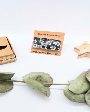 Boutons de manchettes carrés argent en Liberty Ffion bleu foncé