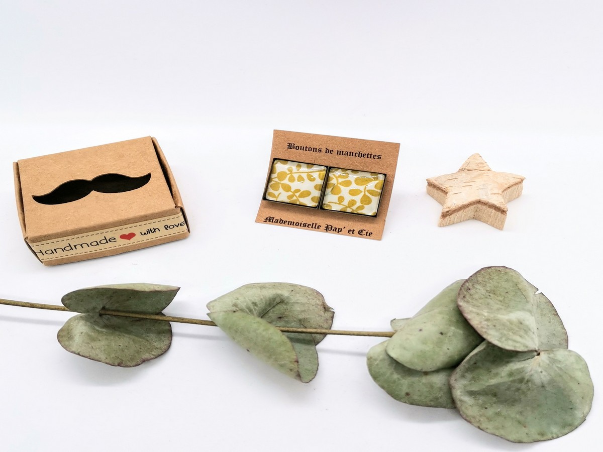 Mademoiselle Pap’ et Cie Mariage Made in France accessoire homme boutons de manchettes Liberty Garden Trail carré cuivre