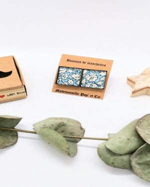 Boutons de manchettes carrés cuivre en Liberty Feather Fields bleu clair
