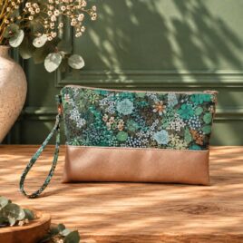 pochette à main mariée, demoiselle d'honneur, invité mariage Liberty cviara botanique vert et cuivre, mariage, made in France, fabriqué en Occitanie