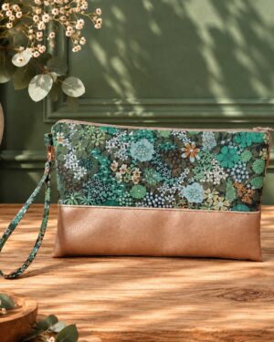 pochette à main mariée, demoiselle d'honneur, invité mariage Liberty ciara botanique vert et cuivre, mariage, made in France, fabriqué en Occitanie