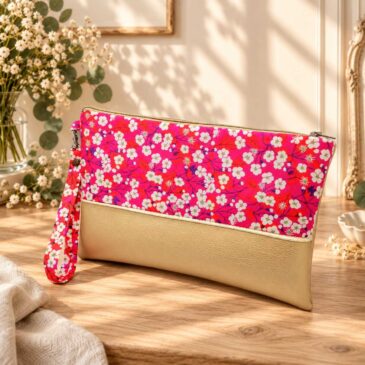 pochette à main mariée, demoiselle d'honneur, invité mariage Liberty mitsi hibiscus rouge, mariage, made in France, fabriqué en Occitanie