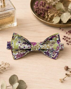 Noeud papillon pour homme Liberty Margaret annie purple, violet vert, mariage, made in France, fabriqué en Occitanie