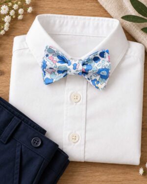 noeud papillon enfant mariage baptême, anniversaire, communion en liberty betsy asagao, bleu turquoise et rose