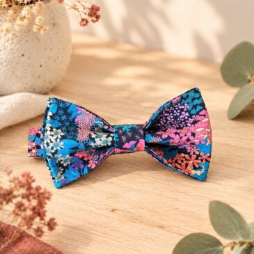 Noeud papillon pour homme Liberty ciara petrole, bleu et rose fuchsia, mariage, made in France, fabriqué en Occitanie