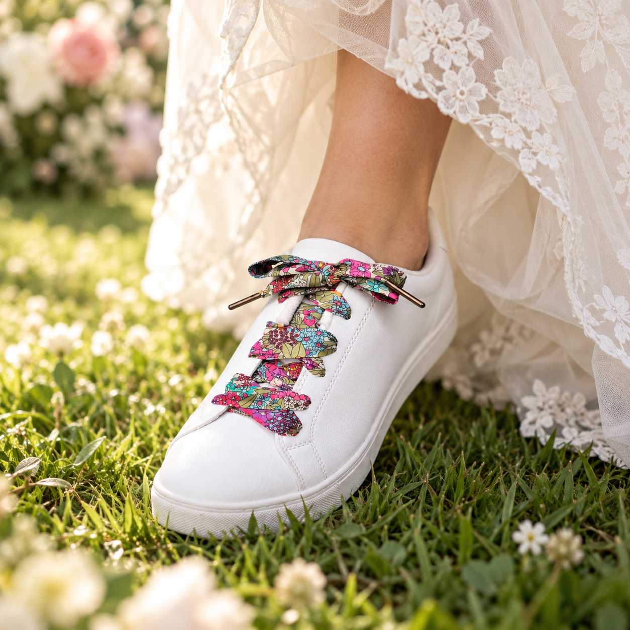lacets baskets, converses, sneakers, docs mariage made in france en liberty of london ciara violet, rose et vert