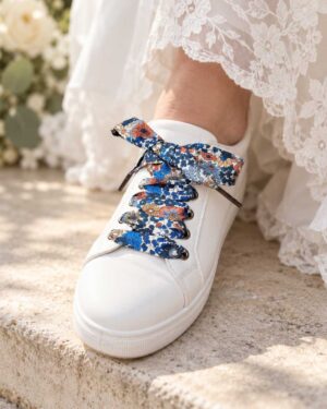 lacets baskets, converses, sneakers, docs mariage made in france en liberty of london margaret annie camel, bleu et brun