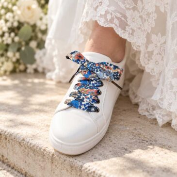 lacets baskets, converses, sneakers, docs mariage made in france en liberty of london margaret annie camel, bleu et brun