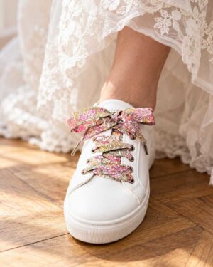 lacets baskets, converses, sneakers, docs mariage made in france en liberty of london margaret annie hibiscus, vert, rose et rayure or