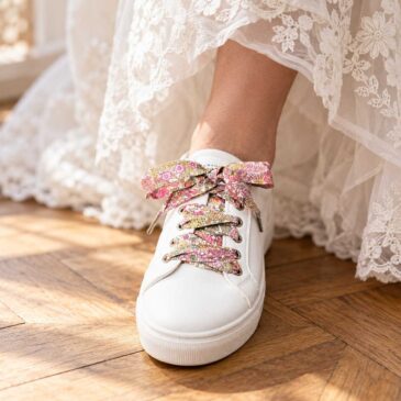 lacets baskets, converses, sneakers, docs mariage made in france en liberty of london margaret annie hibiscus, vert, rose et rayure or