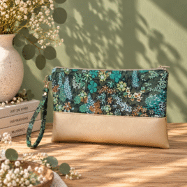 pochette à main mariée, demoiselle d'honneur, invité mariage Liberty ciara botanique vert , mariage, made in France, fabriqué en Occitanie