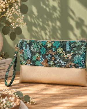 pochette à main mariée, demoiselle d'honneur, invité mariage Liberty ciara botanique vert , mariage, made in France, fabriqué en Occitanie