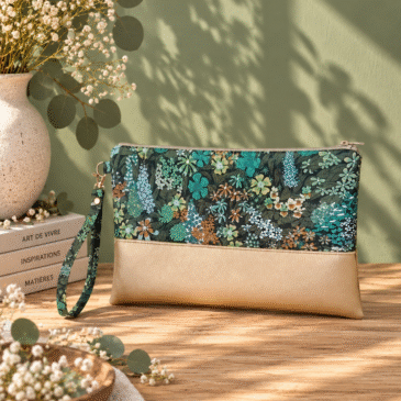 pochette à main mariée, demoiselle d'honneur, invité mariage Liberty ciara botanique vert , mariage, made in France, fabriqué en Occitanie