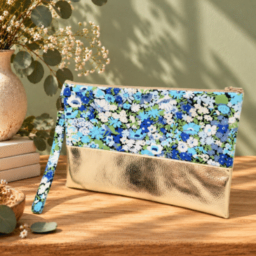 pochette à main mariée, demoiselle d'honneur, invité mariage Liberty thorpe lime, bleu vert, mariage, made in France, fabriqué en Occitanie