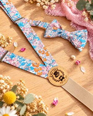 Noeud papillon et bretelles pour homme Liberty lulworth cove, rose et bleu rurquoise, mariage, made in France, fabriqué en Occitanie