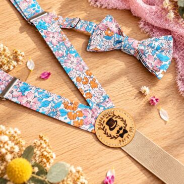 Noeud papillon et bretelles pour homme Liberty lulworth cove, rose et bleu rurquoise, mariage, made in France, fabriqué en Occitanie