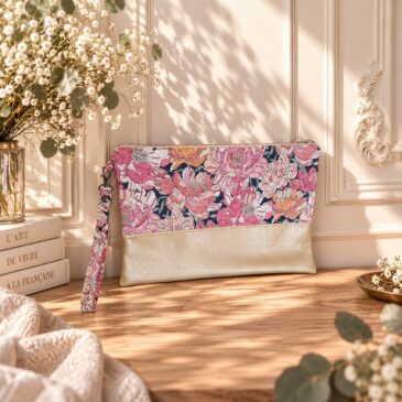 pochette à main mariée, demoiselle d'honneur, invité mariage Liberty blackburn pink rose vintage mariage, made in France, fabriqué en Occitanie