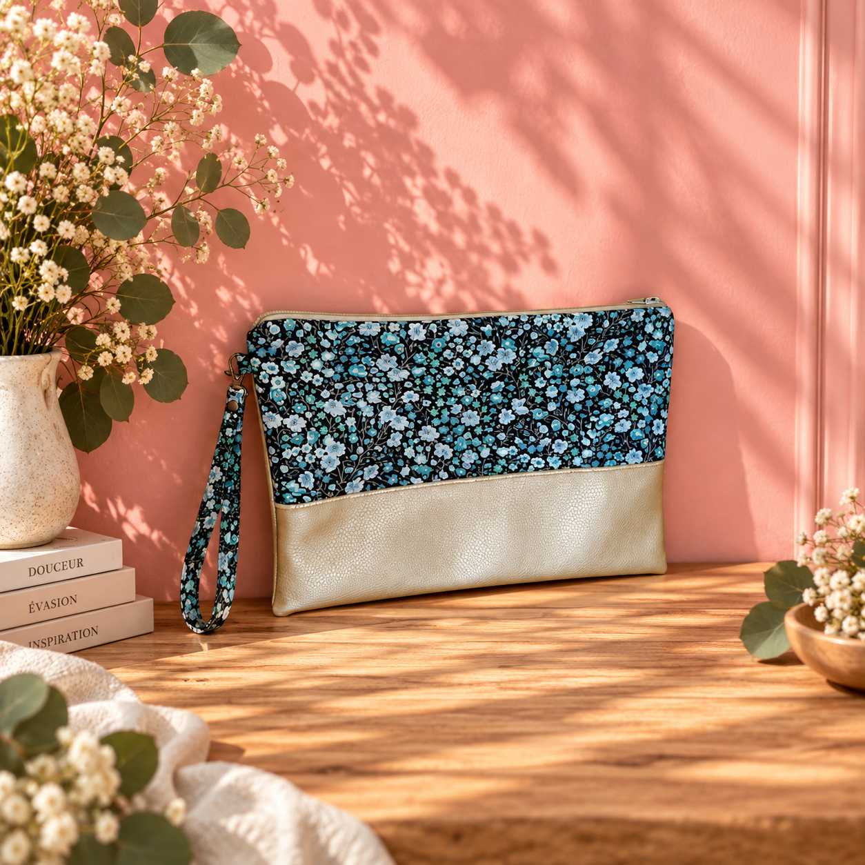 pochette à main mariée, demoiselle d'honneur, invité mariage Liberty phoebe and jo, bleu et marine mariage, made in France, fabriqué en Occitanie