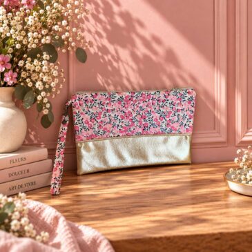 pochette à main mariée, demoiselle d'honneur, invité mariage Liberty wiltshire pois de senteur rose et or, mariage, made in France, fabriqué en Occitanie