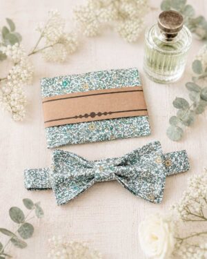 Noeud papillon pochette de costume pour homme Liberty katie and millie mint, vert sauge, mariage, made in France, fabriqué en Occitanie