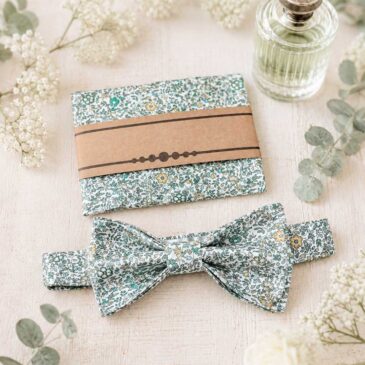 Noeud papillon pochette de costume pour homme Liberty katie and millie mint, vert sauge, mariage, made in France, fabriqué en Occitanie