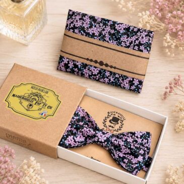 Noeud papillon pochette de costume star anise pink, violet noir, mariage, made in France, fabriqué en Occitanie