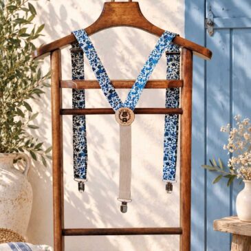Noeud papillon et bretelles pour homme Liberty Emma and Georgina bleu, mariage, made in France, fabriqué en Occitanie