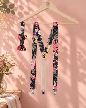 Noeud papillon et bretelles pour homme Liberty pavillion spot cedre, noir, rose et pois doré, mariage, made in France, fabriqué en Occitanie