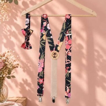 Noeud papillon et bretelles pour homme Liberty pavillion spot cedre, noir, rose et pois doré, mariage, made in France, fabriqué en Occitanie